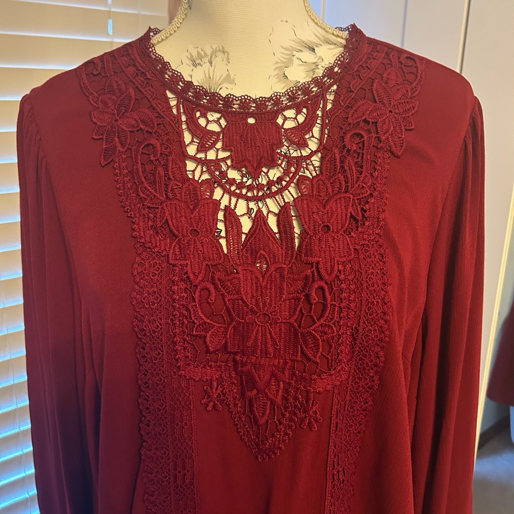 Torrid Washable Crinkle Gauze Crochet Yoke Blouson Sleeve Top - Picture 3 of 7